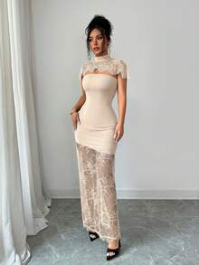 SHEIN Elenzya Vestido de manga corta ajustado, transparente, con parches de encaje y calado de unicolor - Albaricoque - Ver 6