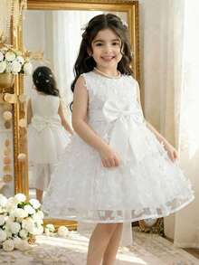 Glamorique Kids Váy công chúa màu trắng cho bé gái, kiểu dáng xếp lớp, phối lưới hình bướm, thích hợp làm váy dự tiệc. - trắng - Xem 3