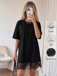 SHEIN 儿童/少女黑色纯色蕾丝拼接T恤裙，休闲时尚春夏款 - 黑色 - 查看 3