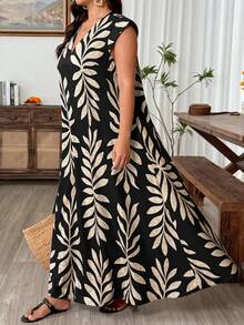 Weeklong Plus Size Vintage Tropical Long Flare Sleeve Dress, Spring/Summer Vacation Black - Multicolor - View 5