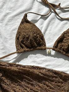 Swim Vcay Women's Jacquard Fabric Halter Seashell Decor Bikini Set, Spring/Summer - Brown - View 5