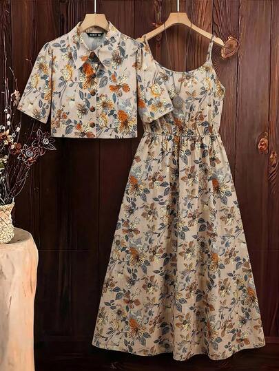 SHEIN Clasi Abito canotta con stampa floreale e giacca, set da 2 pezzi, adatto per vacanze estive