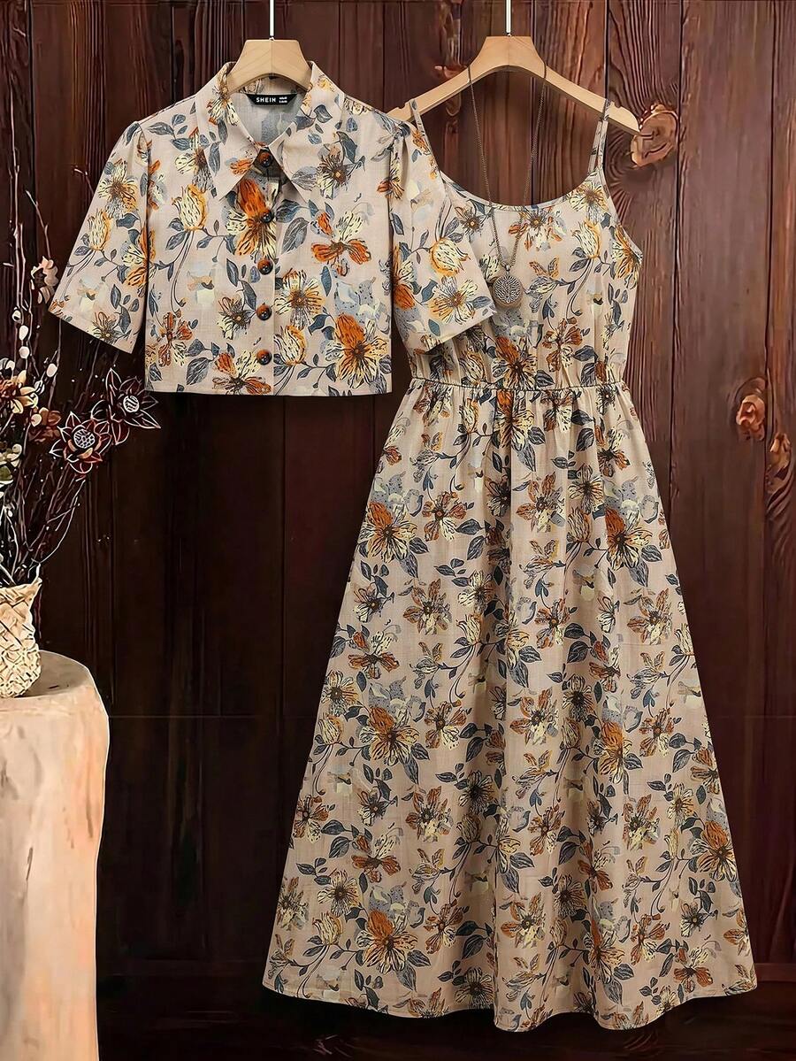 SHEIN Clasi Bộ đồ 2 món gồm áo hai dây và áo khoác in hoa dành cho nữ, thích hợp cho kỳ nghỉ hè. - Màu be - Xem 1
