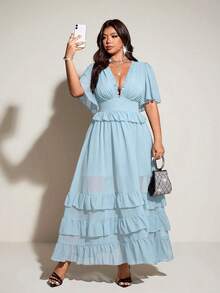 Viva Relle Spring, Summer, Fall New Vacation Elegant Chiffon Design V-Neck Ruffle Sleeve Irregular Hem Dress, Waist Cinched Flared Skirt Princess Sundress - Blue - View 4