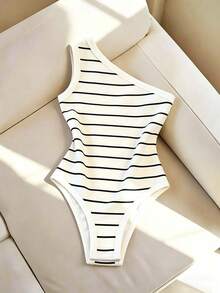 SHEIN Franclia Body asimétrico de hombro ajustado con estampado de rayas, adecuado para citas, fiestas, eventos casuales, vacaciones, romántico, ir al trabajo, verano - Blanco - Ver 4