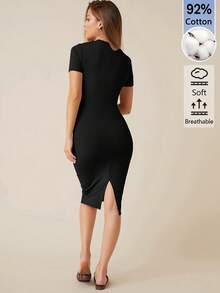 SHEIN BASICS 女款素色圓領短袖貼身優雅洋裝夏季女裝套裝 - 黑色 - 查看 3
