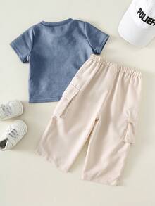 SHEIN 2pcs/Set Baby Boy Casual Letter Print Short Sleeve T-Shirt Top And Wide Leg Pants Set, Summer & Spring - Multicolor - View 2
