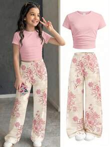 Conjunto de camiseta ajustada con volantes y pantalones de pierna ancha con estampado floral, casual para niña preadolescente en primavera/verano para vacaciones y uso diario - Blanco - Ver 3