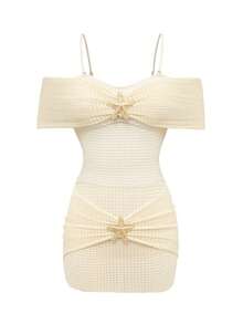 Swim Oasis Women's White One-Piece Swimsuit,Textured Strapless Off-Shoulder Monokini,Starfish Metal Decor Summer Casual Holiday Beach Vacation Pool Party Bikini - Yellow - View 5