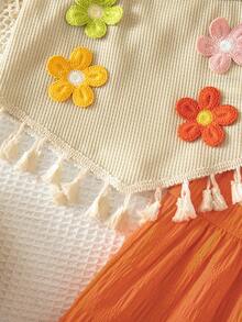 Emery Rose Kids Emery Rose Kids 2件套女童针织纯色3D立体花朵流苏边吊带背心和宽松裤子套装 - 橘色 - 查看 6