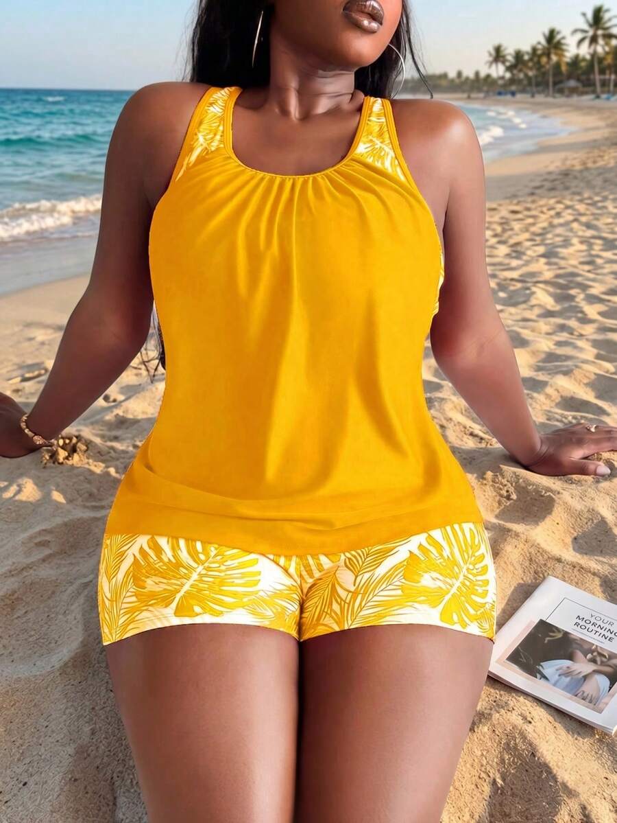 Swim Lushoire Plus Size Women Random Print Tankini Swimwear With Tummy Control - Yellow - View 1