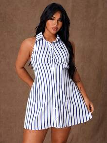 Rustia Plus Size Women Summer Casual Commuter Striped Front Button Sleeveless Dress - Blue and White - View 3