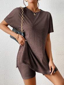 SHEIN Frenchy Batwing Sleeve Split Hem Tee & Biker Shorts Split Two Pieces,Summer Outfits For Women - Coffee Brown - View 6