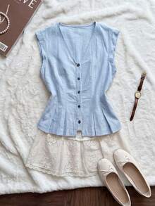 Comfortcana Plus Size Women's Casual Vacation Style Light Blue 100% Cotton Shirt, Comfortable Summer Vacation Vest-Style Shirt With V-Neck And Button Closure - Baby Blue - View 6