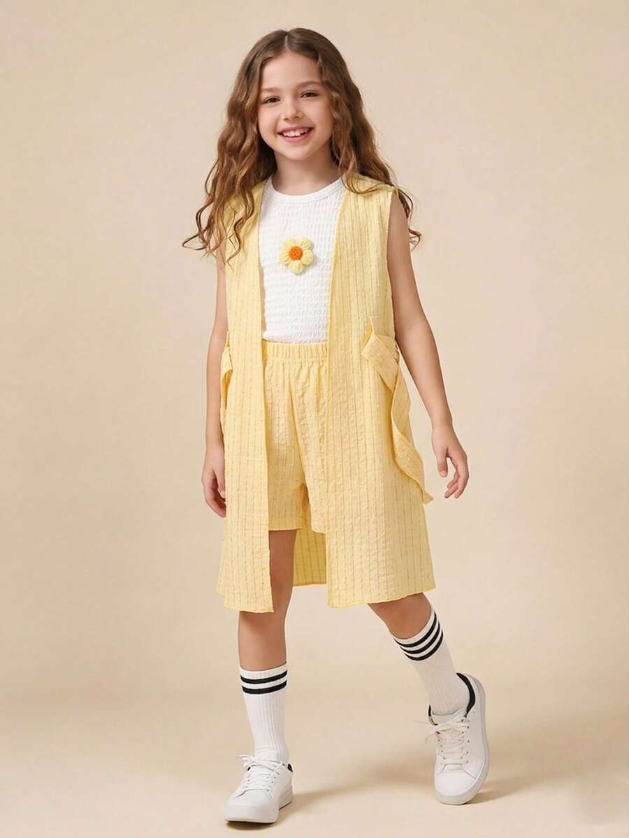SHEIN Elladie kids 女童夏季三件套:無袖短版上衣、直筒短褲及薄針織外套,附腰帶裝飾,休閒舒適 - 黃色 - 查看 1