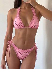 Swim Mod 2-Piece Floral Print Mesh Trim Halter Bikini Set, Sexy Swimwear Summer Picks Pink Bikini Ruffle Trim Bikini Tie Side Bikini Polka Dot Bikini - Pink - View 3