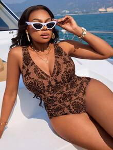 Swim Lushoire Plus Size One-Piece Swimsuit, Random Colorful Print, Minimalist Design, Suitable For Daily Wear, Bohemian Style, Summer Beach Outfit For Women - Multicolor - View 5