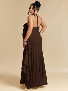 SHEIN BAE Đầm dự tiệc đi biển dáng rộng, dài, màu xanh lá cây, xếp ly, cổ yếm, buộc dây, dành cho người có vóc dáng đầy đặn. - màu nâu - Xem 6