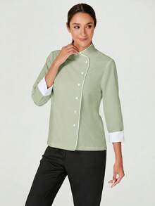 TaskEZ Women's Contrast Color Button-Up Collar Long Sleeve Work Uniform Chef Jacket In 3- 4th Sleeve For Women - Mint Green - View 3