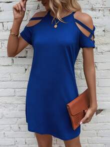 SHEIN LUNE Women's Solid Color Off-Shoulder Short Sleeve Casual Dress - Blue - View 4