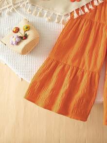 Emery Rose Kids Emery Rose Kids 2件套女童针织纯色3D立体花朵流苏边吊带背心和宽松裤子套装 - 橘色 - 查看 10