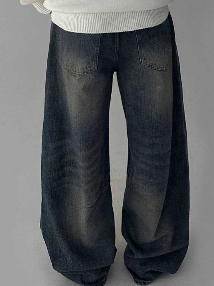 Blue Distressed Curved Hem Men's Denim Jeans