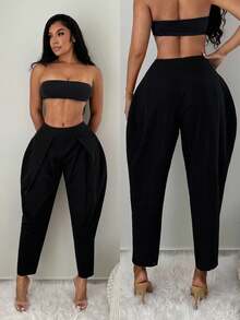 SHEIN SXY Women's Casual Chic Loose Solid Color Lantern Pants For Summer, Active Rave,Work Outfits For Women Black - Black - View 7
