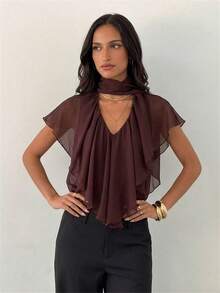 Aloruh Women's Elegant V-Neck Chiffon Ruffle Sleeve Brown Office Shirt - Brown - View 4