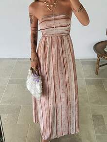 Livesso Women's Elegant Maxi Striped Strapless Dress, Suitable For Spring And Summer Vacation - Multicolor - View 5