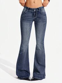 Jeanoix Quần jeans ống loe thời trang dáng Y2K cỡ lớn, đa năng. - Rửa trung bình - Xem 4