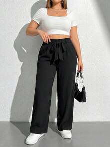 SHEIN PETITE CURVE Quần dài nữ cỡ lớn màu đen kiểu dáng thường ngày có dây buộc eo - màu đen - Xem 5