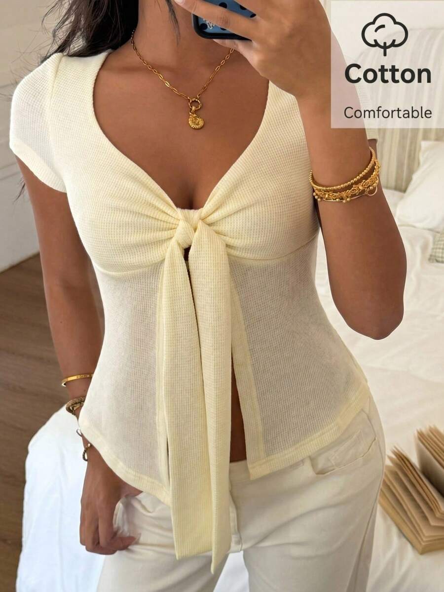 SHEIN EZwear 杏色前領結短袖女款T恤,夏季上衣 - 淡黃色 - 查看 1
