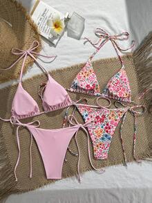 Swim Mod 4件組女款泳衣套裝，掛脖綁帶設計，三角比基尼，極簡碎花海灘度假泳裝 - 彩色 - 查看 5