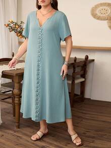 Lacomfia Casual Solid Color Ruffle Trim Notch Neck Loose Fit Regular Spring/Summer Plus Size Dress - Cadet Blue - View 3