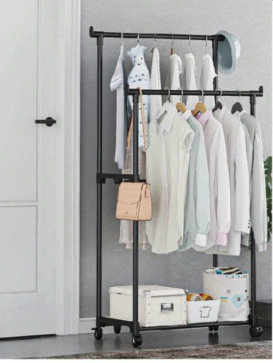 1pc Simple Floor To Ceiling Clothes Rack Storage Rack, Shoe And Hat Rack, Home Clothes Rack, Balcony Clothes Rack, Floor To Ceiling Bedroom, Home Clothes Rack, Indoor Balcony, Simple Clothes Rack, Movable Storage Rack - Multicolor - View 1