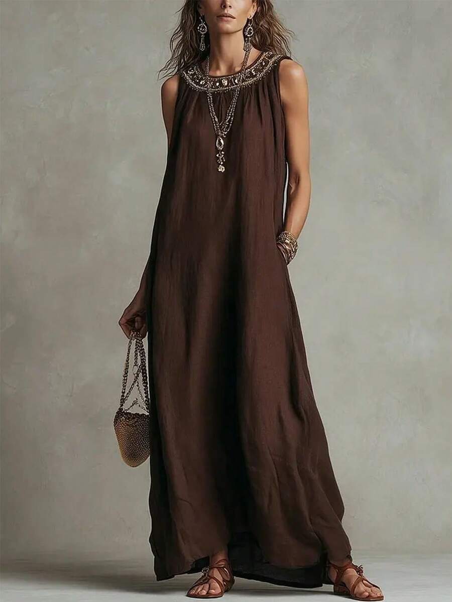 SHEIN Holidaya Đầm nữ thường ngày, đầm đi nghỉ mát, đầm mùa hè, đầm màu nâu, đầm cổ yếm, đầm quần nữ thường ngày, đầm hai dây, đầm đi biển, đầm cổ yếm thời trang thanh lịch tối giản thường ngày. - màu nâu - Xem 1