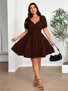 Vionelle Plus Size Woven Elegant V-Neck Puff Sleeve Ruched Dress - Coffee Brown - View 4