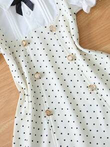 SHEIN Elladie kids 女童波點圖案鈕扣裝飾蝴蝶結領泡泡袖公主洋裝，夏季款 - 杏色 - 查看 5