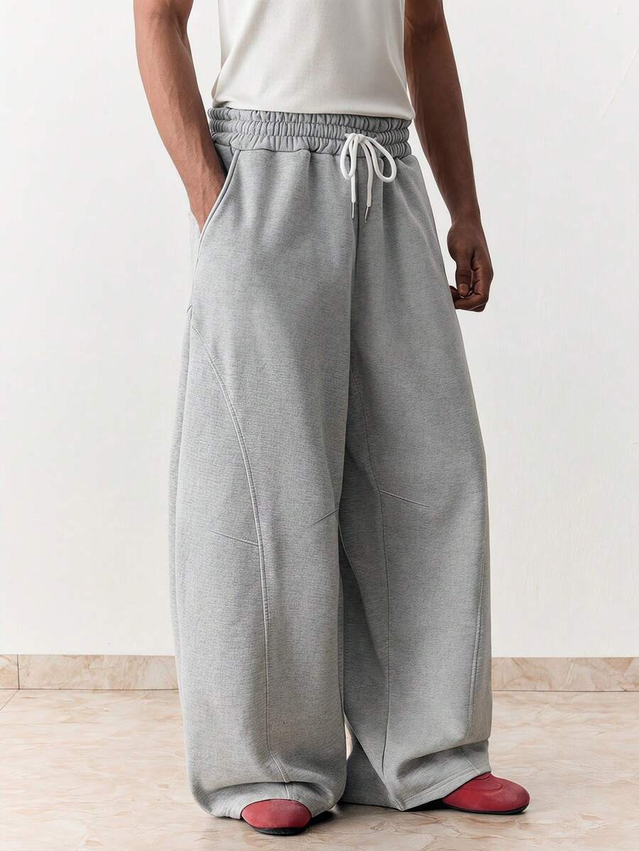 SWAVVY Men's Casual Loose Sweatpants, Black, With Ribbon Patchwork & Embroidery, Spring/Autumn,Wide Leg - Grey - View 1