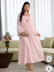 Al Najma Đầm tay xòe thêu tinh tế, thời trang cho mùa xuân/hè. - Hồng - Xem 6