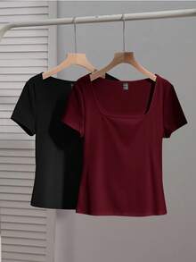 SHEIN EZwear 2件/套 女士方领短袖休闲修身性感T恤，适合秋冬季街头服饰 - 彩色 - 查看 8