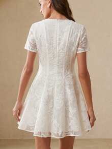 BELROSIE Elegant Cutout Rose Floral Wavy Hem Fitted Short Sleeve Dress For Women Party White Summer - Apricot - View 6
