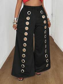 Maweii Plus Size Women's Black Cool Casual Punk Style Iron Ring Hollow Out Loose Wide Leg Pants Fall - Black - View 8