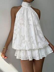 Elegant Women's Mini Dress With Halter Neck And Bow In Light Yellow - Cream - View 3