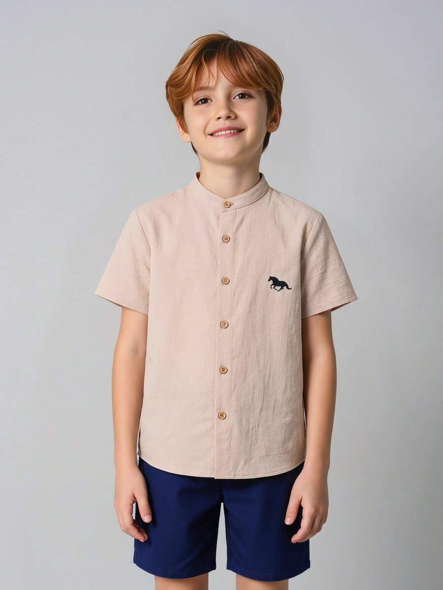 SHEIN Tween Boy Stand Collar Single-Breasted Shirt And Shorts Set Suitable For Summer - Apricot - View 1