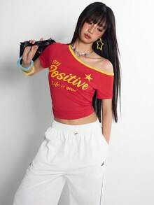 INAWLY Áo croptop phong cách Y2K, áo thun ngắn tay in chữ, khoét vai kiểu American Baddie, thích hợp cho mùa xuân/hè. - Đỏ - Xem 2