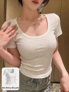 DAZY Women's Summer Scoop Neck Rhinestone Allover Print Slim Fit Casual Short Sleeve T-Shirt - White - View 13