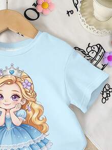 Elladie kids 一套女童休闲甜美可爱卡通公主夏季套装，蓝色卡通皇冠公主印花T恤搭配蓝色碎花短裤，公主风宽松圆领短袖T恤和短裤，适合春夏日常、度假、节日穿着，清新舒适。 - 彩色 - 查看 5