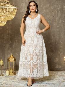 SHEIN Elenzya Đầm maxi dáng chữ A phối ren, dây mảnh, kiểu Pháp, thanh lịch, thoải mái, thích hợp cho mùa xuân/hè, đi làm hoặc đi nghỉ mát, dành cho người có vóc dáng đầy đặn. - trắng - Xem 4