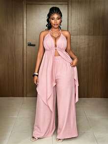 Maweii Plus Size Backless Tie-Up Asymmetric Hem Sexy 2 Pieces Set, Suitable For Dates & Vacations - Pink - View 2